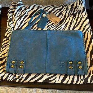 NWT Linea Pelle Dylan Large Clutch Sea Blue Leather Double Zip Studded Boho Y2K